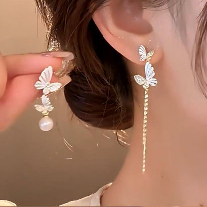 銀針滴油鑲鉆蝴蝶不對稱珍珠耳釘精致高級感耳環女設計感小眾耳飾