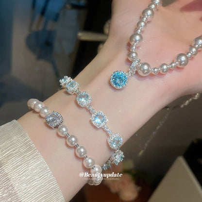 珍珠圓形墜飾項鍊套組－手鍊-銀色-藍色款實拍｜https://igowo.tw/