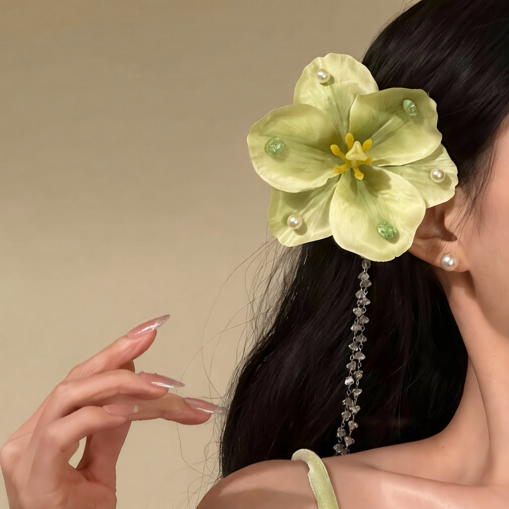 簡約布藝花朵流蘇發夾精致百搭高級感鴨嘴夾甜美小清新法發飾頭飾