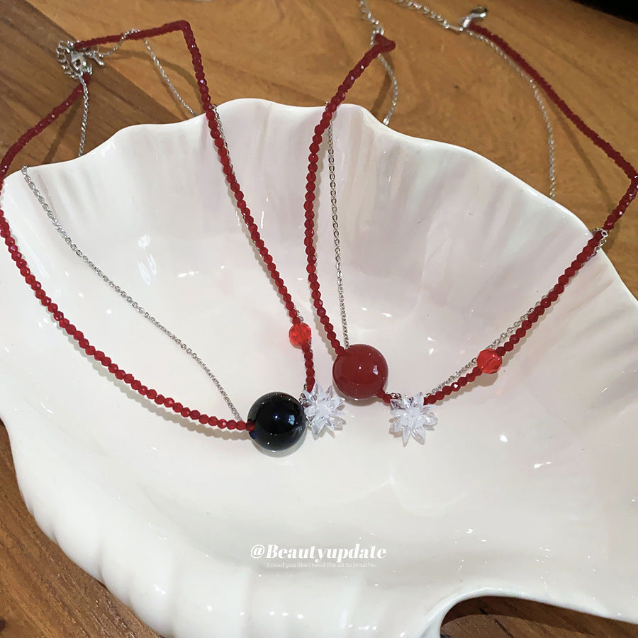 水晶串珠花朵圓形項鍊－項鍊-紅色-黑色款實拍｜https://igowo.tw/