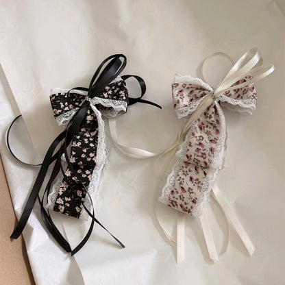 緞帶碎花復古髮夾－米白碎花款實拍｜https://igowo.tw/