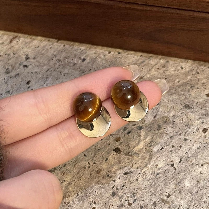 虎眼石圓片復古耳環