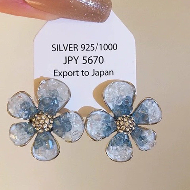 銀針漸變藍色系玻璃珠蝴蝶花朵耳環夏季清新氣質耳墜時尚甜美耳飾