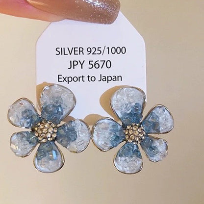 銀針漸變藍色系玻璃珠蝴蝶花朵耳環夏季清新氣質耳墜時尚甜美耳飾