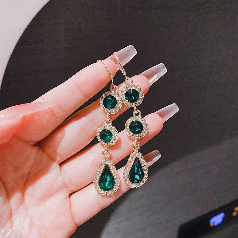 綠色水晶長版耳扣－白色--炫彩色款實拍｜https://igowo.tw/
