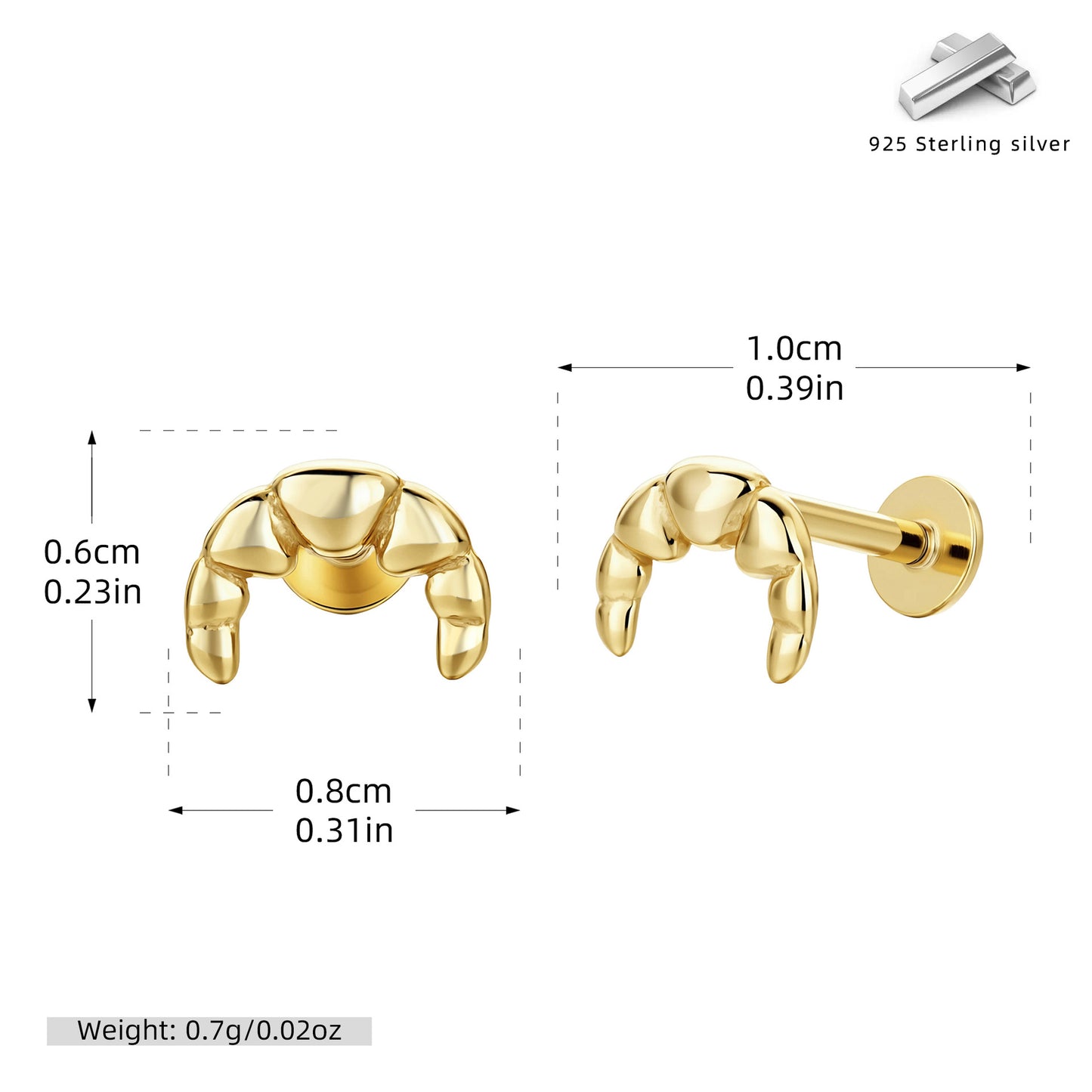 S925 耳飾立體牛角包螺紋耳釘創意可愛個性養耳飾品