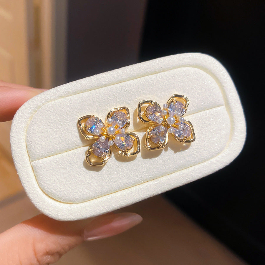 18k真金電鍍銀針鋯石花朵珍珠耳釘日常通勤耳環輕奢高級感耳飾女