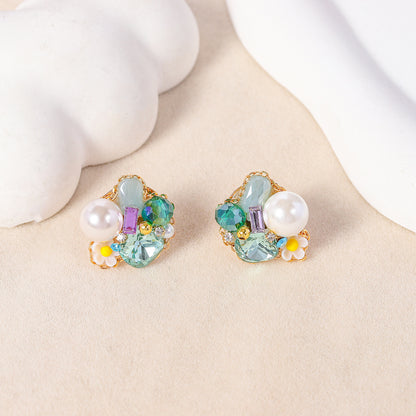 S925彩色水晶花朵鑲鑽耳釘