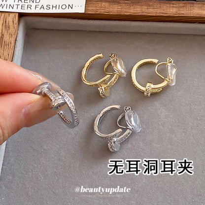 18K真金電鍍鋯石圓形耳夾輕奢高級感無痛耳骨夾個性復古設計耳飾