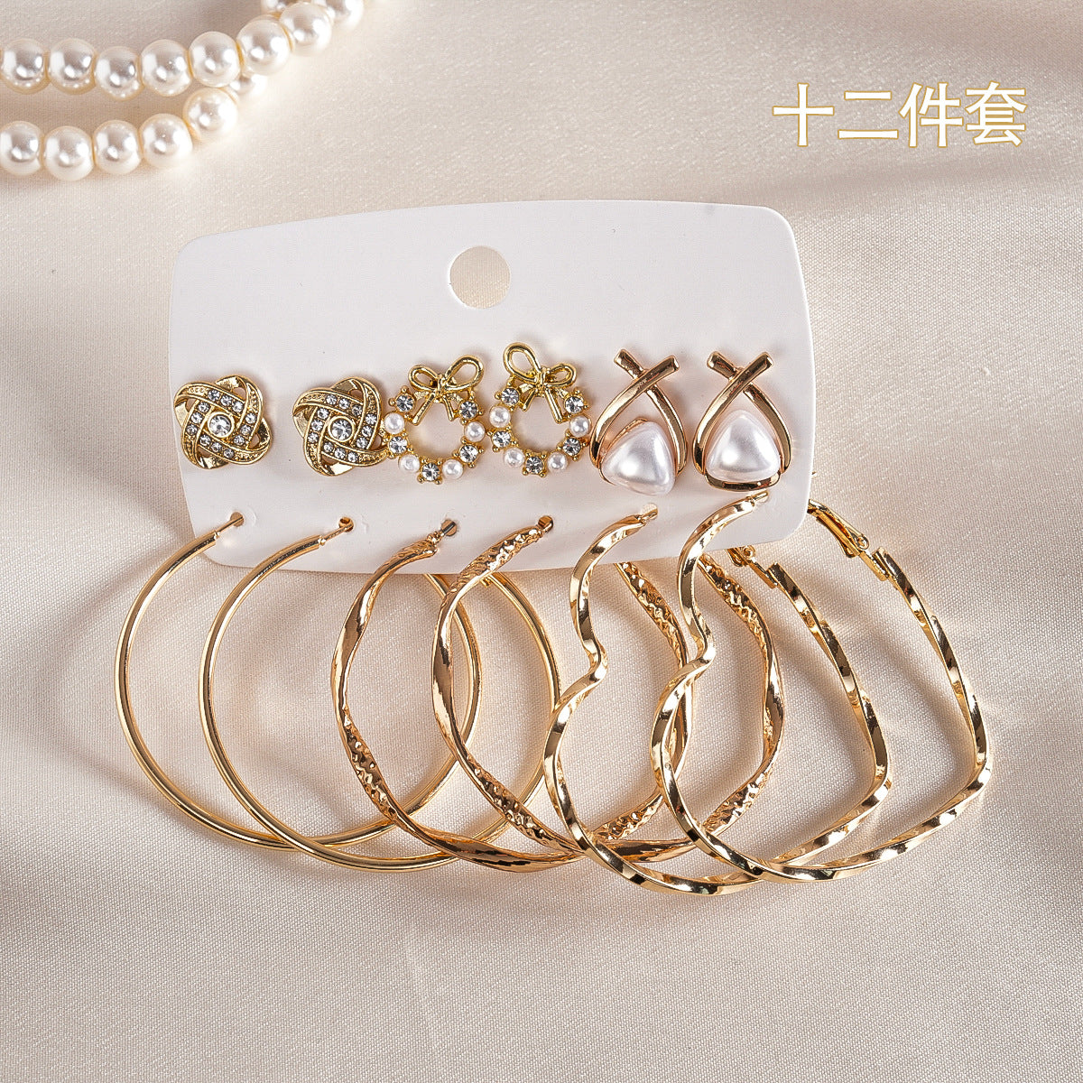 珍珠花朵流蘇耳環套組－77#銀針-金色款細節66｜https://igowo.tw/