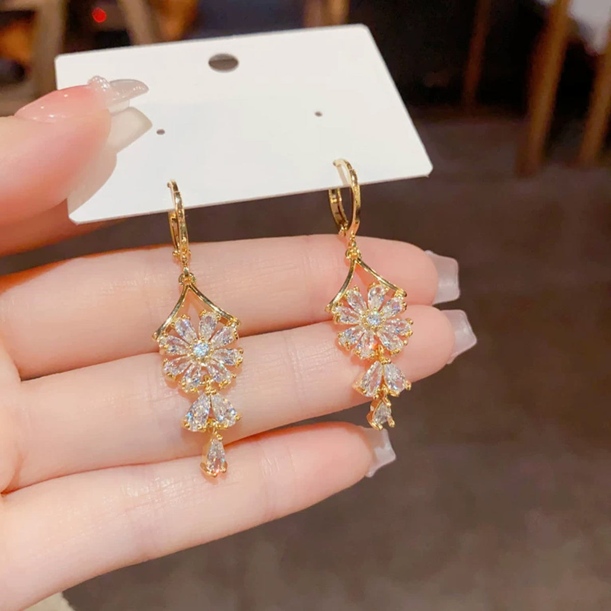 金色鋯石花朵流蘇耳扣