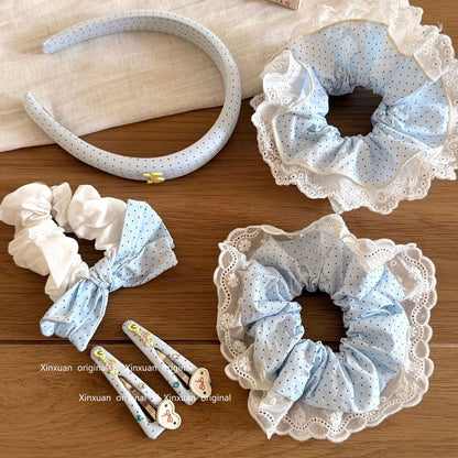蕾絲波點蝴蝶結髮圈－粉色髮箍款細節｜https://igowo.tw/