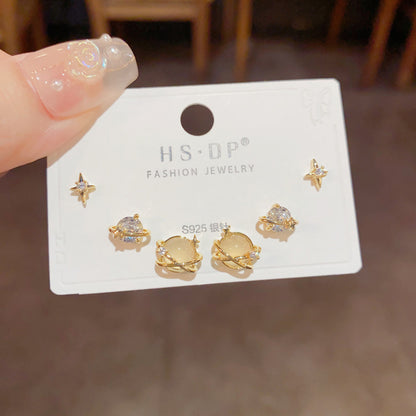S925貓眼石星星耳釘三件組