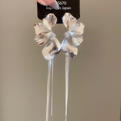 銀針金屬花瓣流蘇耳釘設計感小眾復古氣質百搭耳環輕奢高級感耳飾