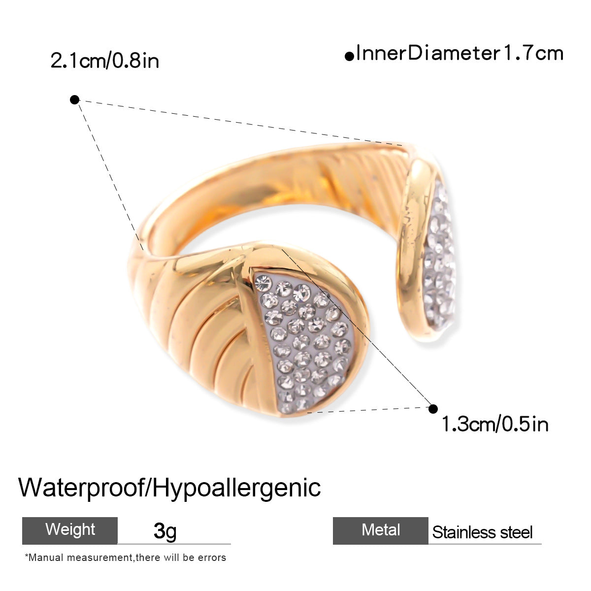 不鏽鋼橢圓鑲鑽戒指－9#戒指-金色款細節6｜https://igowo.tw/