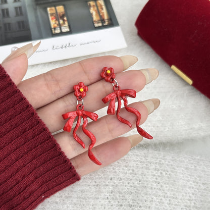 紅色銀針蝴蝶結耳釘