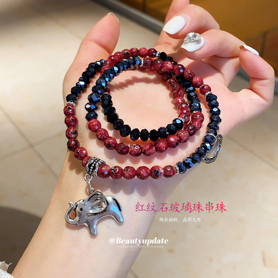 紅紋石水晶小象愛心三層疊帶吊墜手鏈民族風手串輕奢高級感手飾女