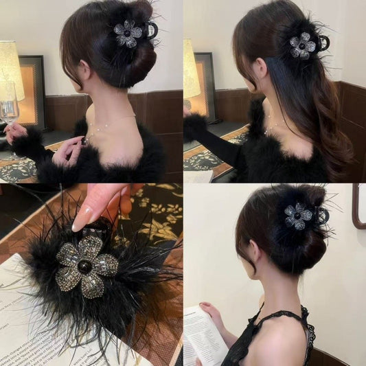 亞克力羽毛鑲鉆花朵抓夾女秋冬款時尚抓夾鯊魚夾小眾設計感發飾女