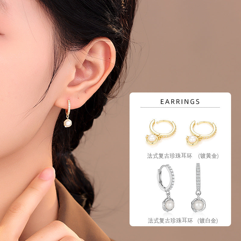 S925 微鑲鋯石珍珠吊墜耳環女時尚輕奢小眾設計高級感耳圈耳飾