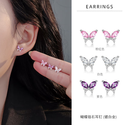 S925 彩色鋯石蝴蝶耳釘女簡約百搭ins風高級感養耳洞2025耳飾