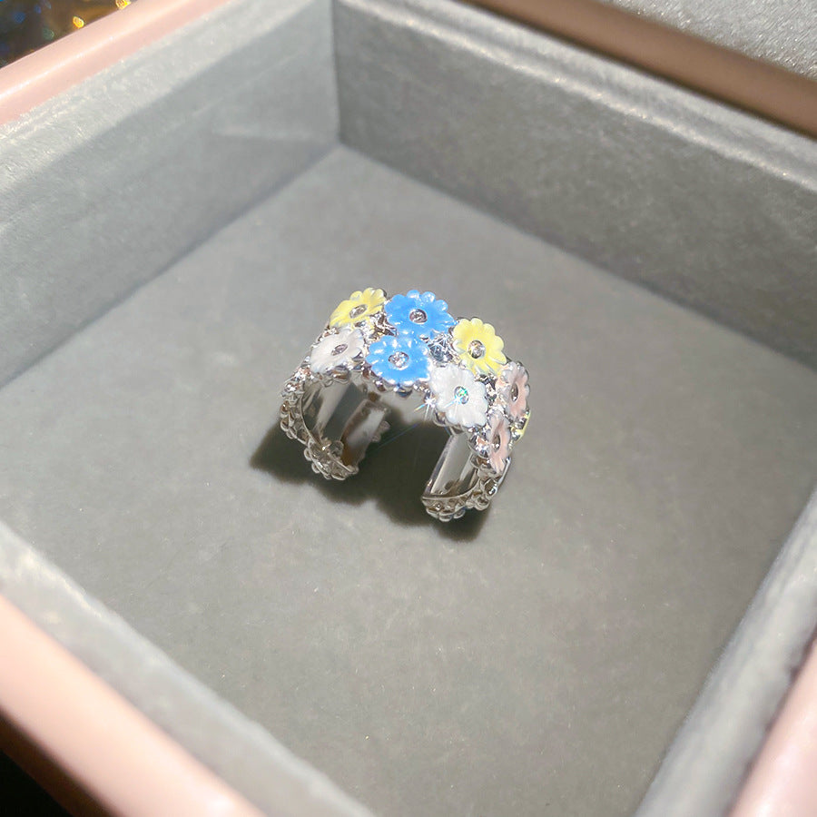 新款銀針超閃鋯石花朵耳釘戒指套裝甜美可愛風輕奢高級感飾品