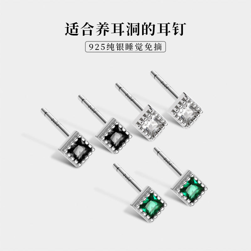 S925 鑲鑽單鑽花邊正方形耳釘日韓時尚氣質鍍K金輕奢女款耳環