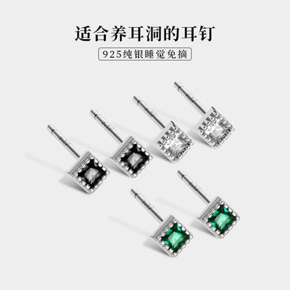 S925 鑲鑽單鑽花邊正方形耳釘日韓時尚氣質鍍K金輕奢女款耳環