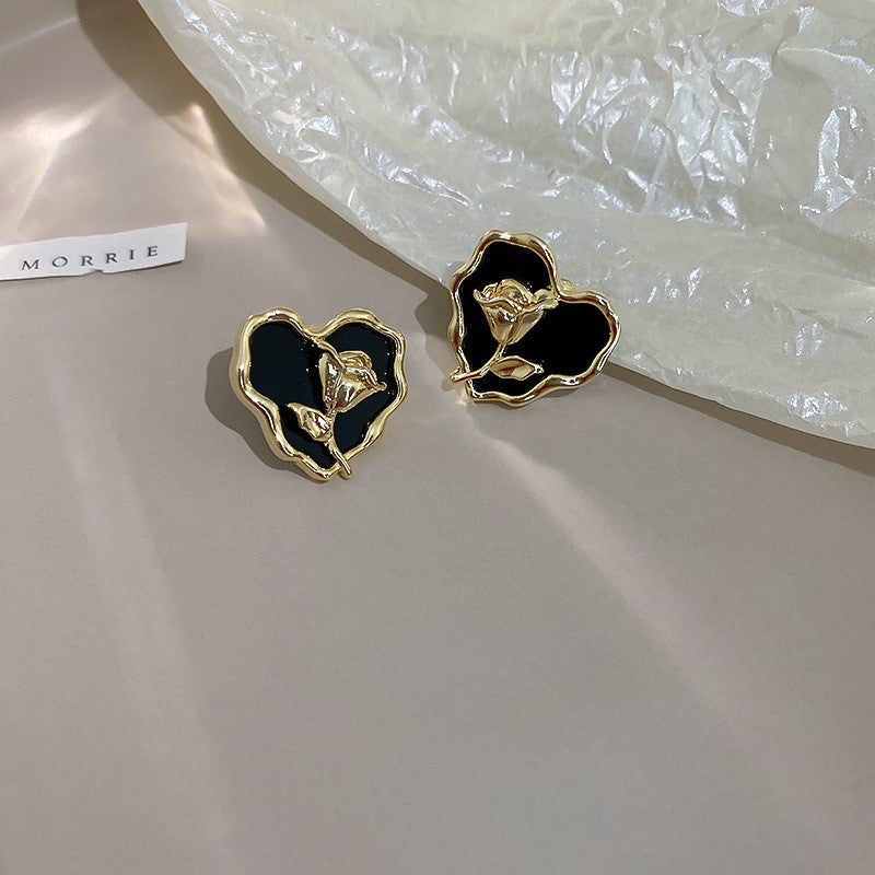 真金電鍍銀針鑲鉆烤漆愛心耳釘時尚小眾耳環韓國百搭復古耳飾批發