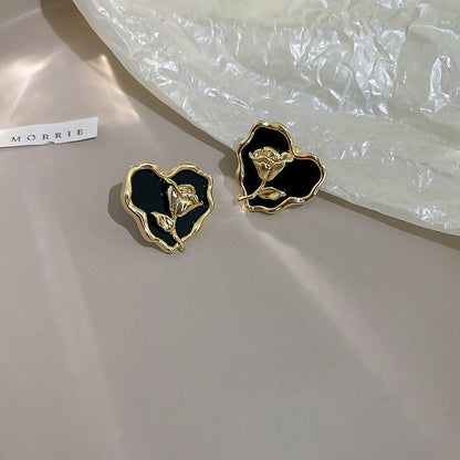 真金電鍍銀針鑲鉆烤漆愛心耳釘時尚小眾耳環韓國百搭復古耳飾批發