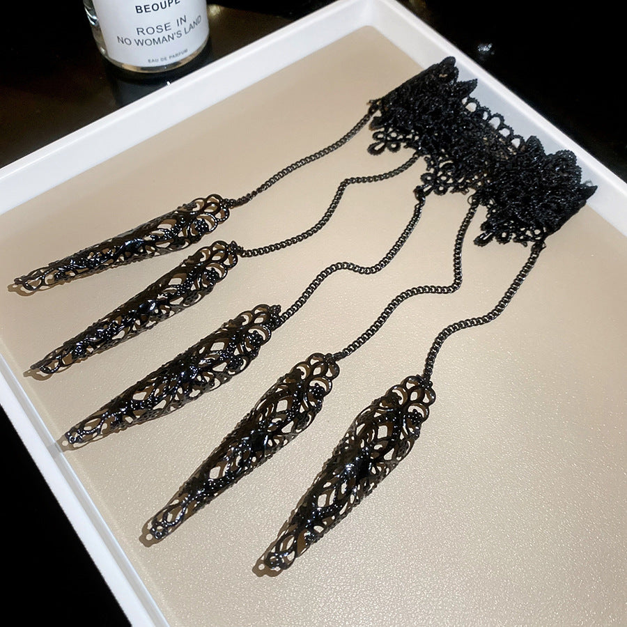 歐美跨境飾品 哥特風金屬鏈條連指手鏈女 個性錐形流蘇指甲手背鏈