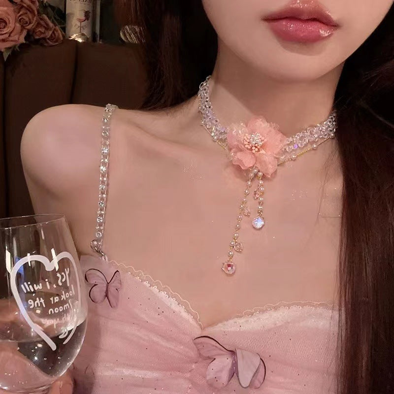 緞帶花朵項鍊－47#項鍊-粉色-白色款細節｜https://igowo.tw/