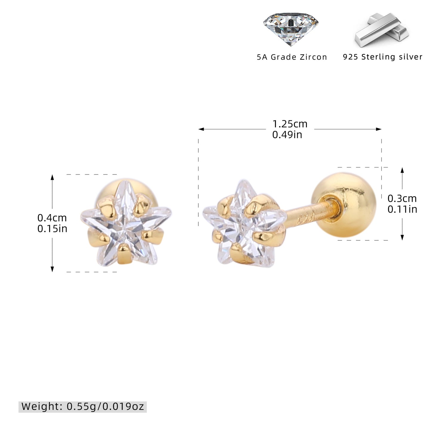 S925 五角星星鋯石耳釘女款簡約小巧氣質擰帽螺紋耳骨蝸釘飾品
