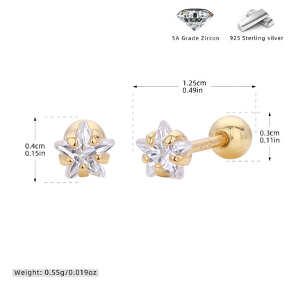 S925 五角星星鋯石耳釘女款簡約小巧氣質擰帽螺紋耳骨蝸釘飾品