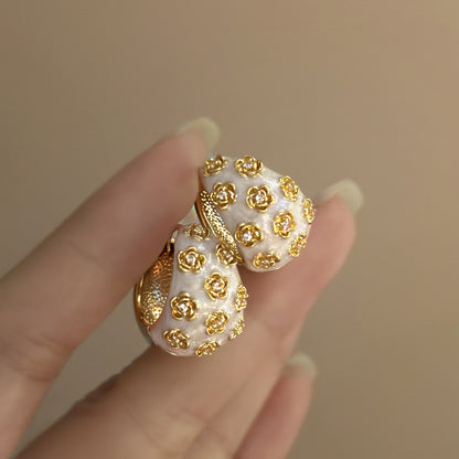 琺瑯花朵C形鑲鑽耳扣