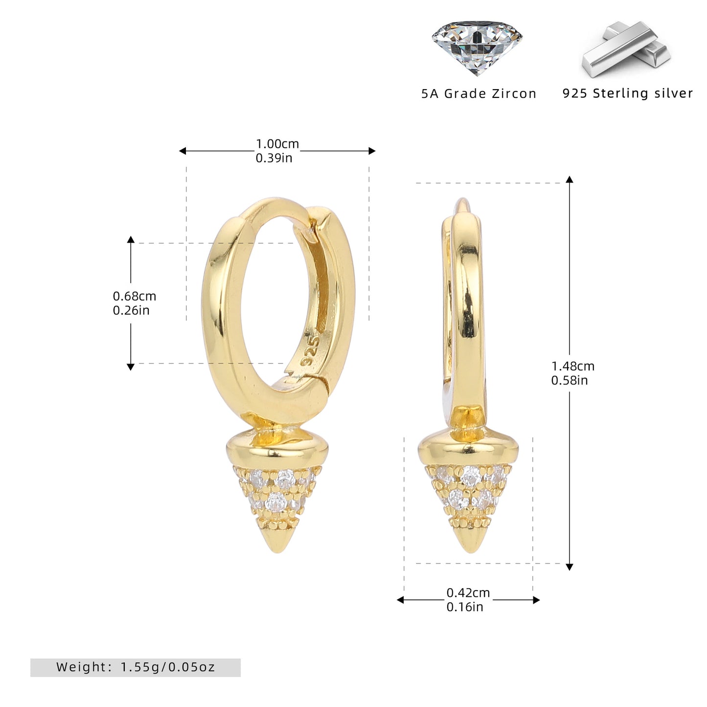 S925 歐美新款耳環時尚鑲鋯錐子耳扣個性百搭氣質網紅飾品