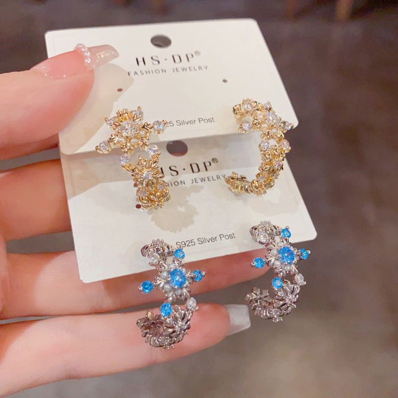 S925鋯石雪花C形復古耳環－商品主圖｜https://igowo.tw/