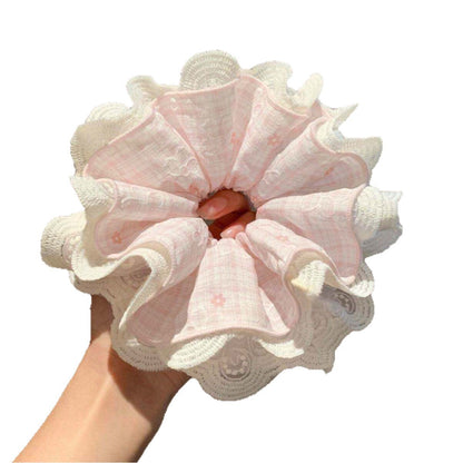 粉色蕾絲碎花髮圈－粉色碎花大號款細節3｜https://igowo.tw/