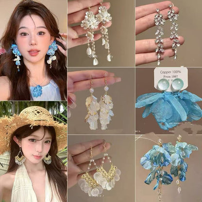 銀針超仙絕美布藝花朵流蘇耳環夏日海邊度假風耳環輕奢高級感耳飾