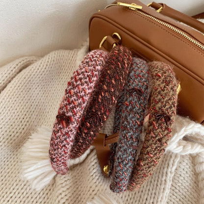 絨面編織復古髮箍－藍灰蝴蝶結款細節｜https://igowo.tw/
