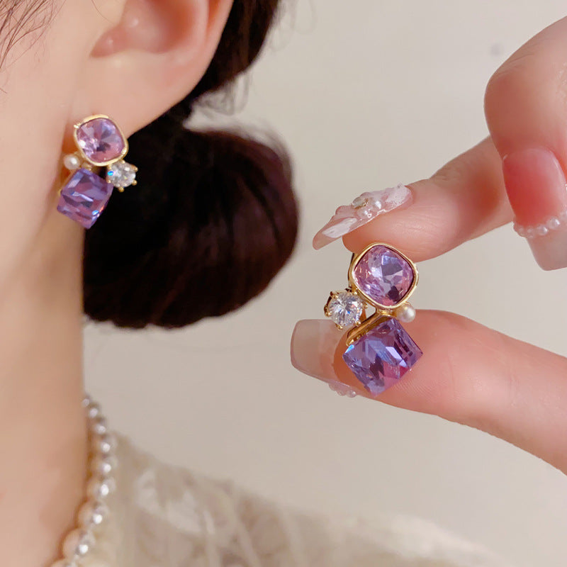 彩色水晶鋯石簡約耳扣－第二視角實拍｜https://igowo.tw/