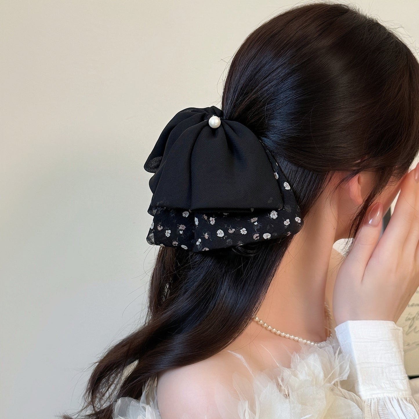 碎花蝴蝶結復古髮夾－米白網紗印花款實拍｜https://igowo.tw/