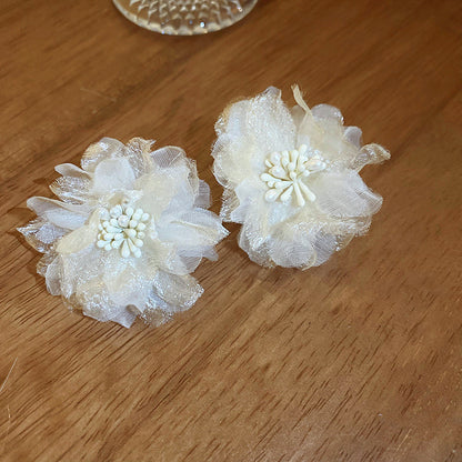 銀針花朵網紗花蕊耳釘韓系小清新高級感耳環夏季超仙甜美耳飾批發