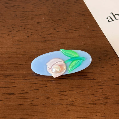 珍珠花朵橢圓髮夾
