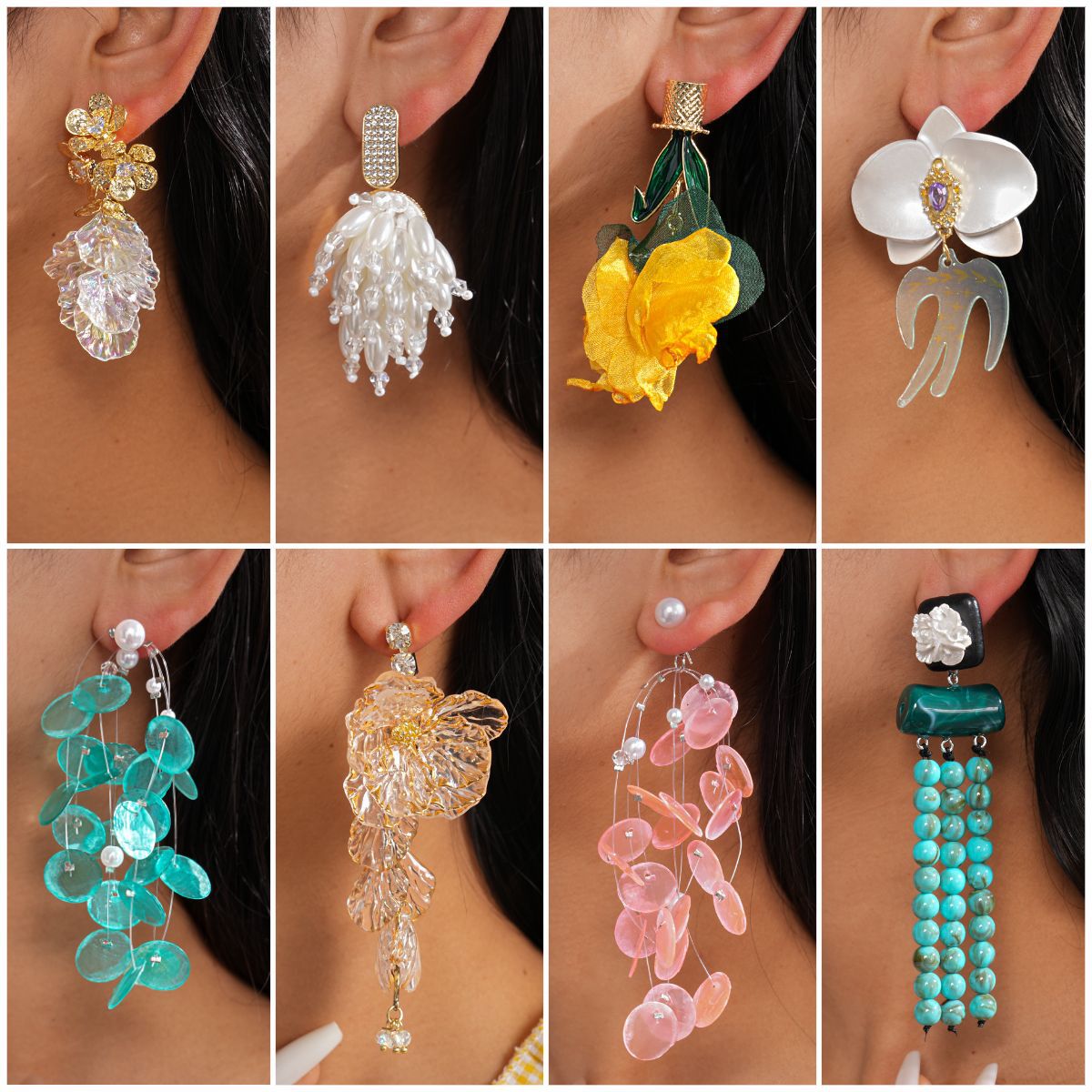 壓克力花朵流蘇耳釘－商品主圖｜https://igowo.tw/