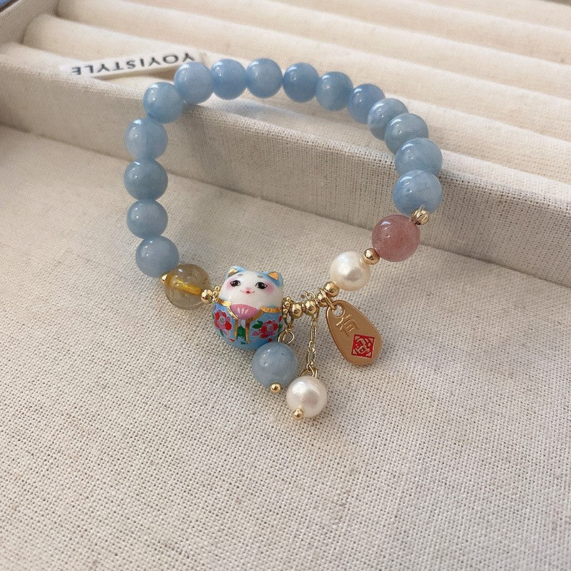 海藍寶山茶花串珠彈力手鏈女森系國風精致手串彩色粉霧高級感手環