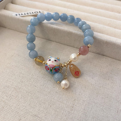 海藍寶山茶花串珠彈力手鏈女森系國風精致手串彩色粉霧高級感手環
