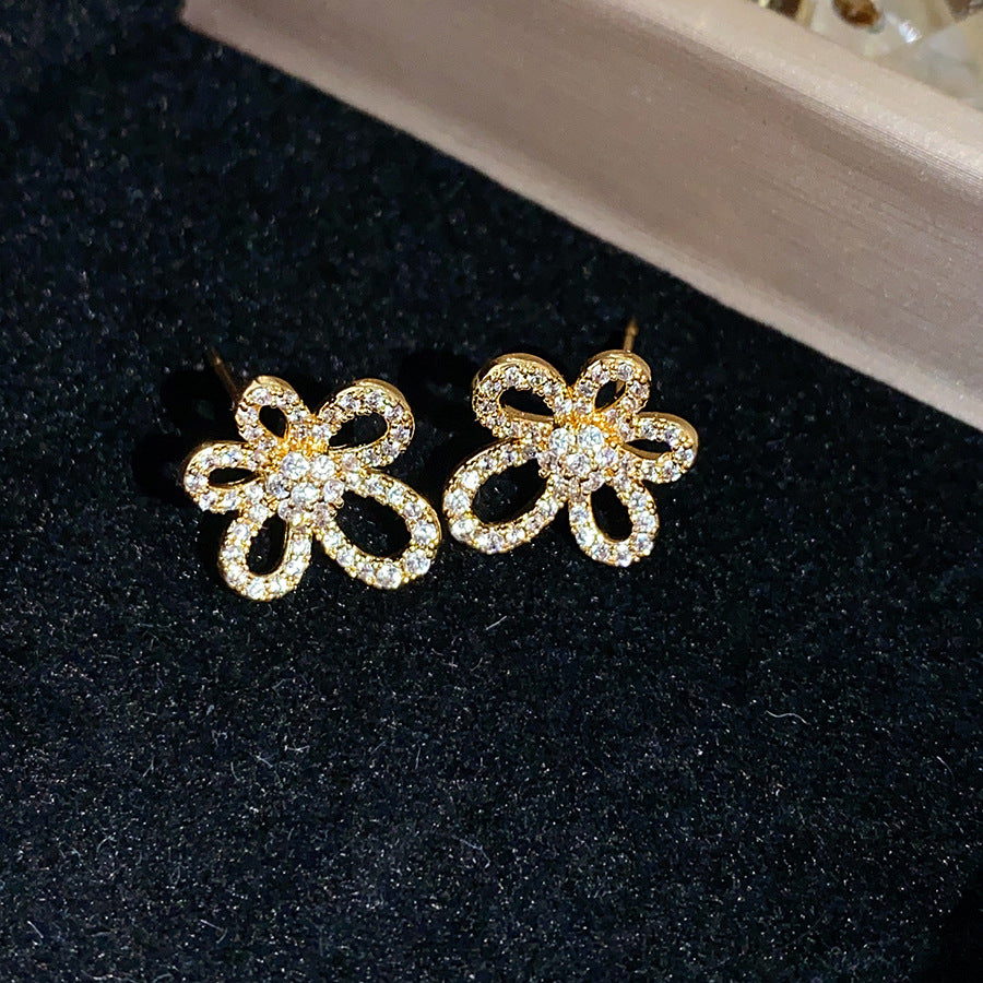 金色鋯石花朵電鍍耳釘