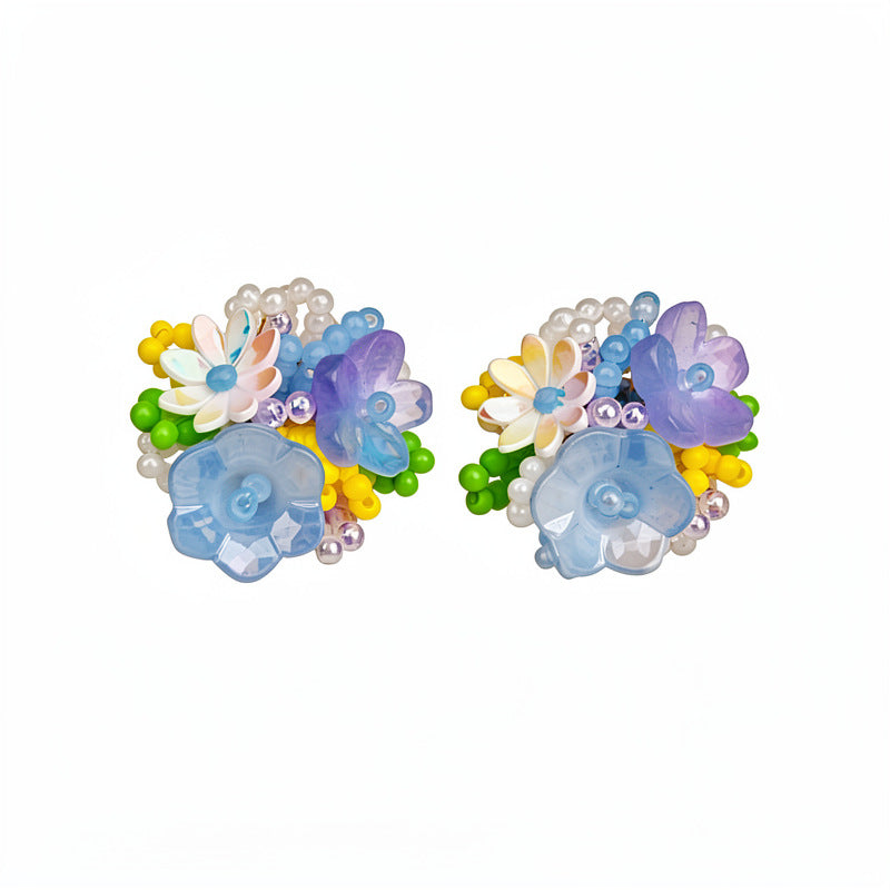 串珠花朵免耳洞耳夾－耳夾-藍色-紫色款細節3｜https://igowo.tw/