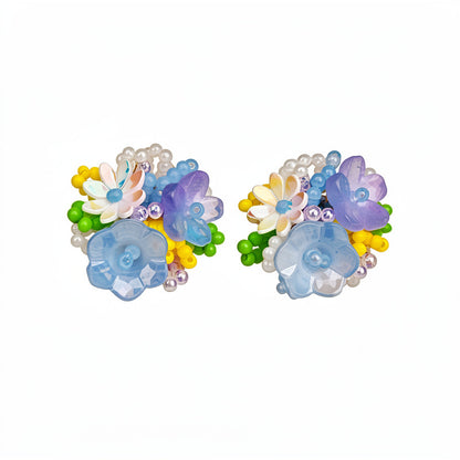 串珠花朵免耳洞耳夾－耳夾-藍色-紫色款細節3｜https://igowo.tw/