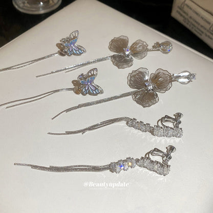 耳夾~冷淡風鋯石蝴蝶花朵流蘇耳環小眾時尚氣質輕奢高級感耳飾女